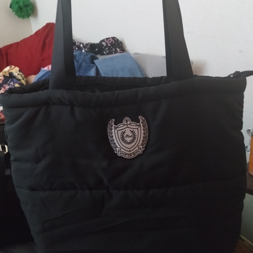 Victoria Secret Pink Quilted Black Puffer Tote Bag For Women